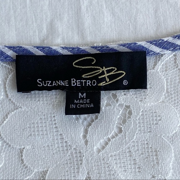 Suzanne Betro Chambray Stripe Wrap Top Blouse Tiered Ruffle Sleeves Lace Insert - Picture 6 of 8